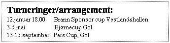 Tekstboks: Turneringer/arrangement:
12.januar 18.00      Brann Sponsor cup Vestlandshallen
3-5.mai                    Bjrnecup Gol
13-15.september   Pers Cup, Gol
